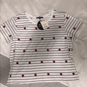 White tee with black stripes with roses